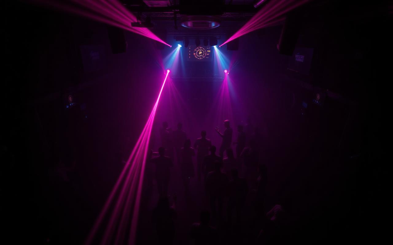 Neon-lit club dance floor