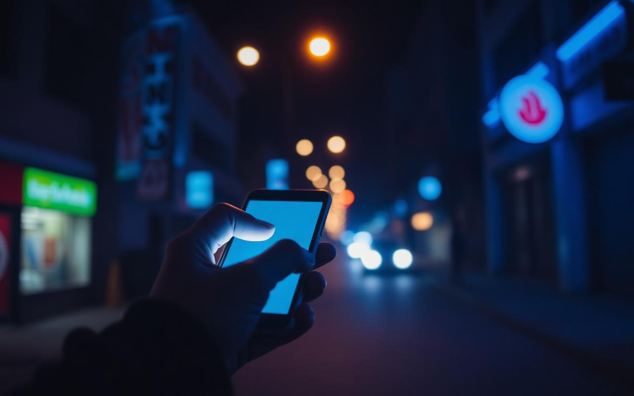 Phone glowing on a neon street